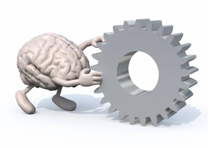 brain with arms and legs pushing a big gear